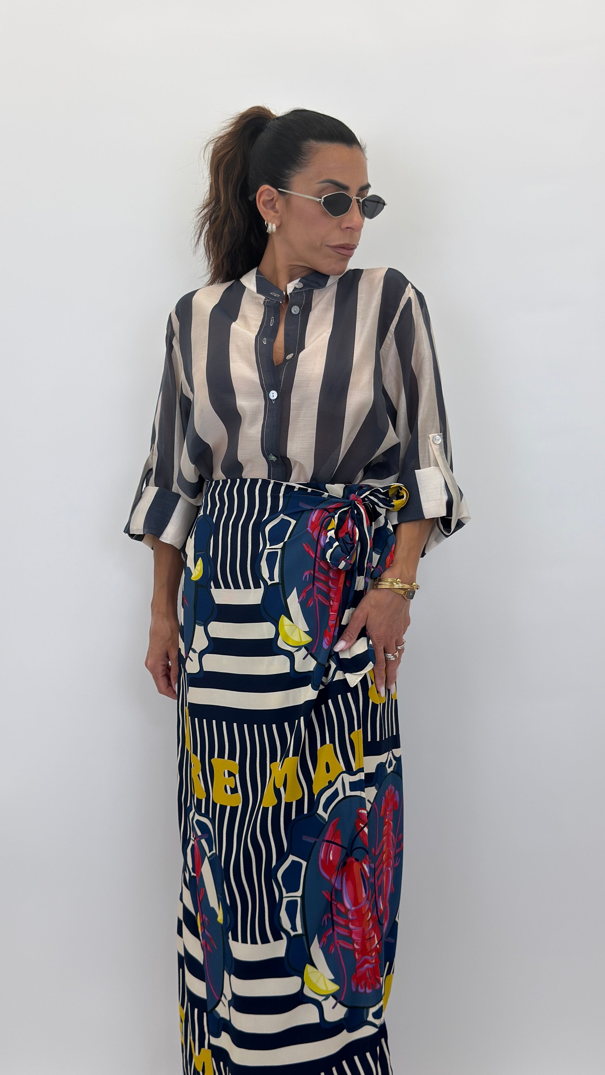 Camicia coreana con bottone bianco/blu