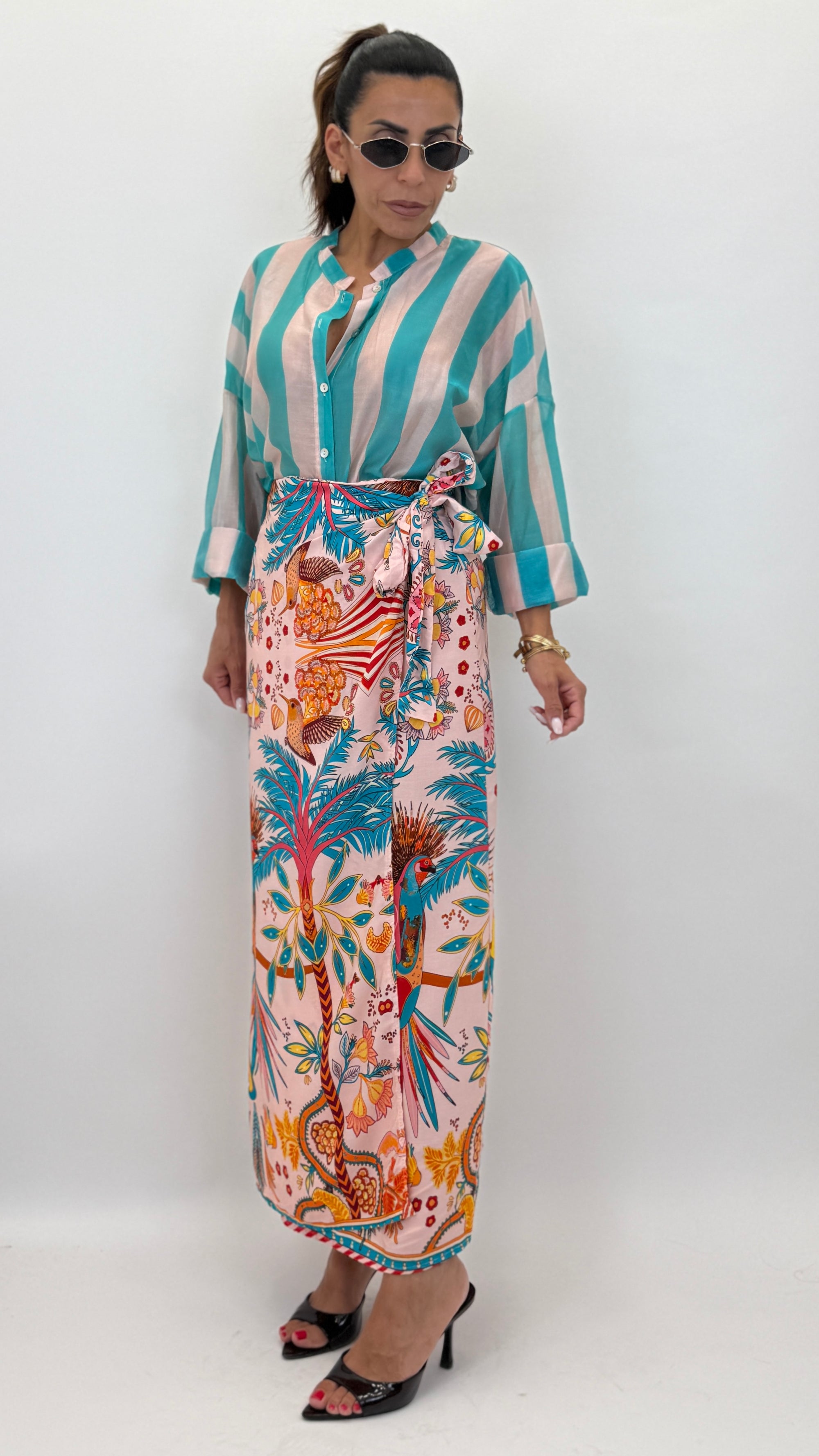 Camicia coreana bianco/turchese