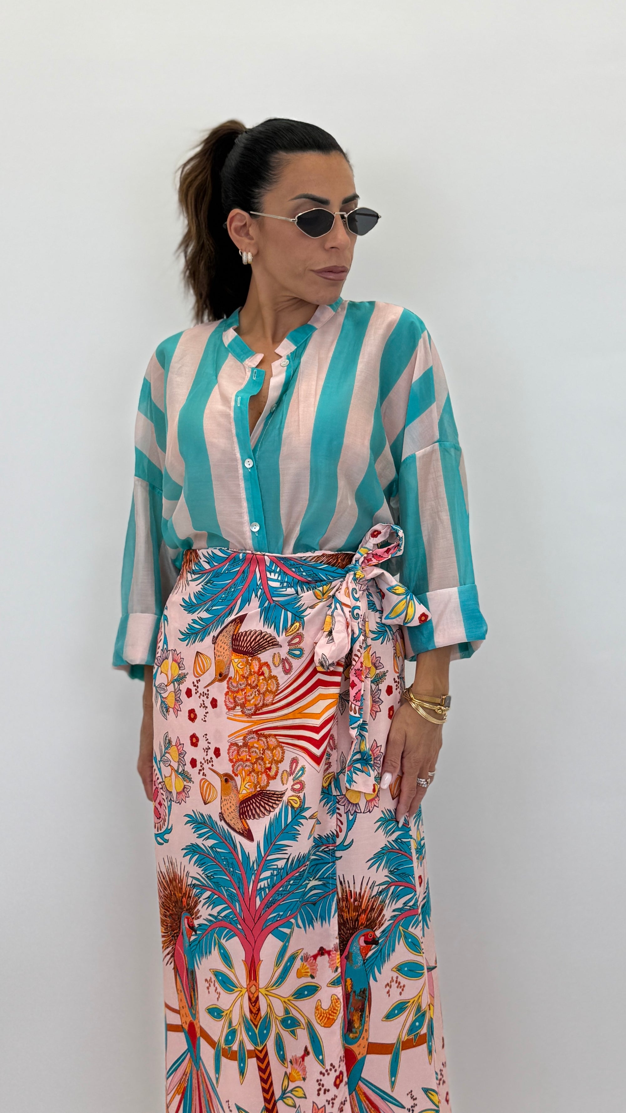 Camicia coreana bianco/turchese