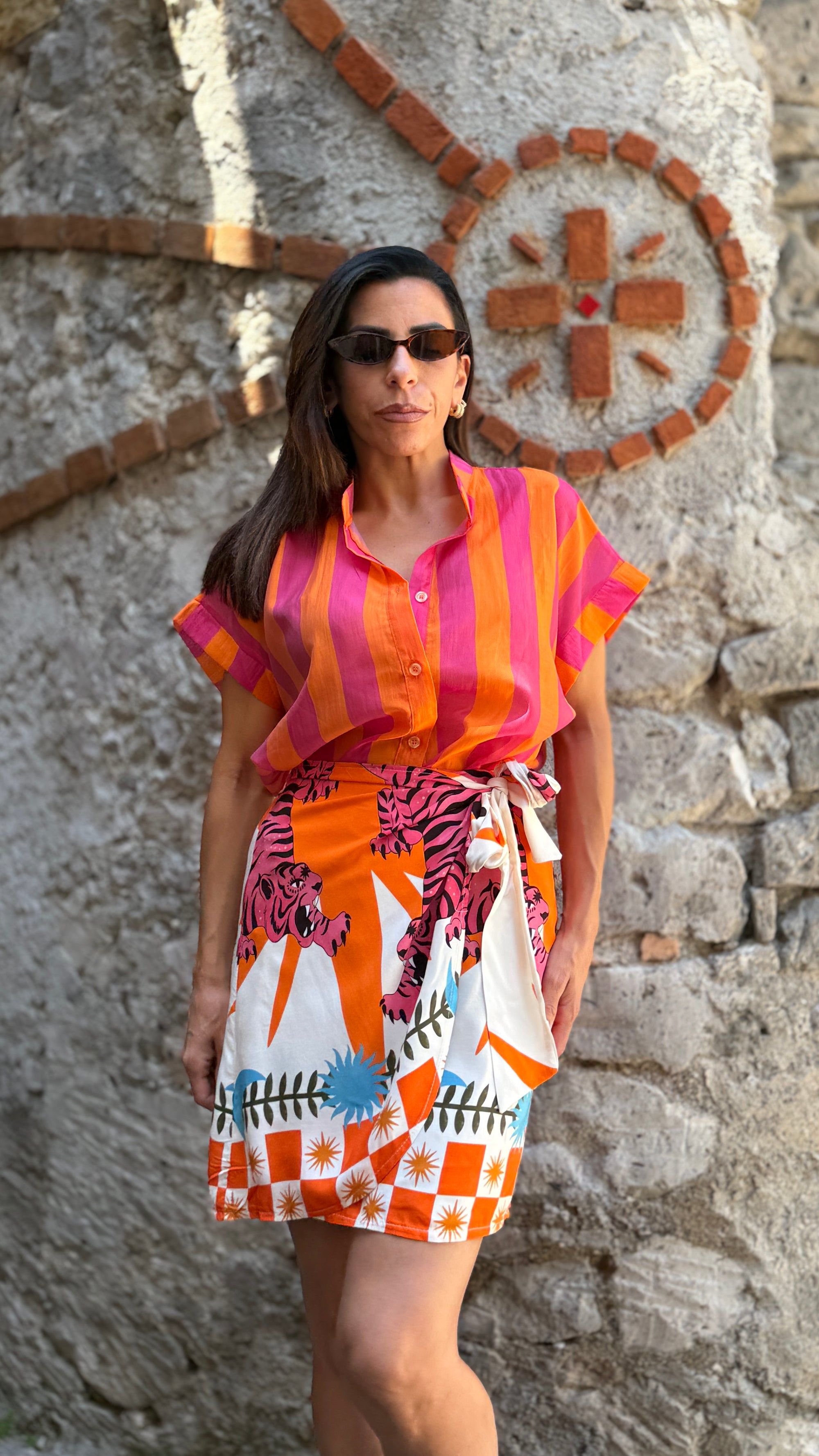 Camicie coreana mezza manica arancio/fucsia