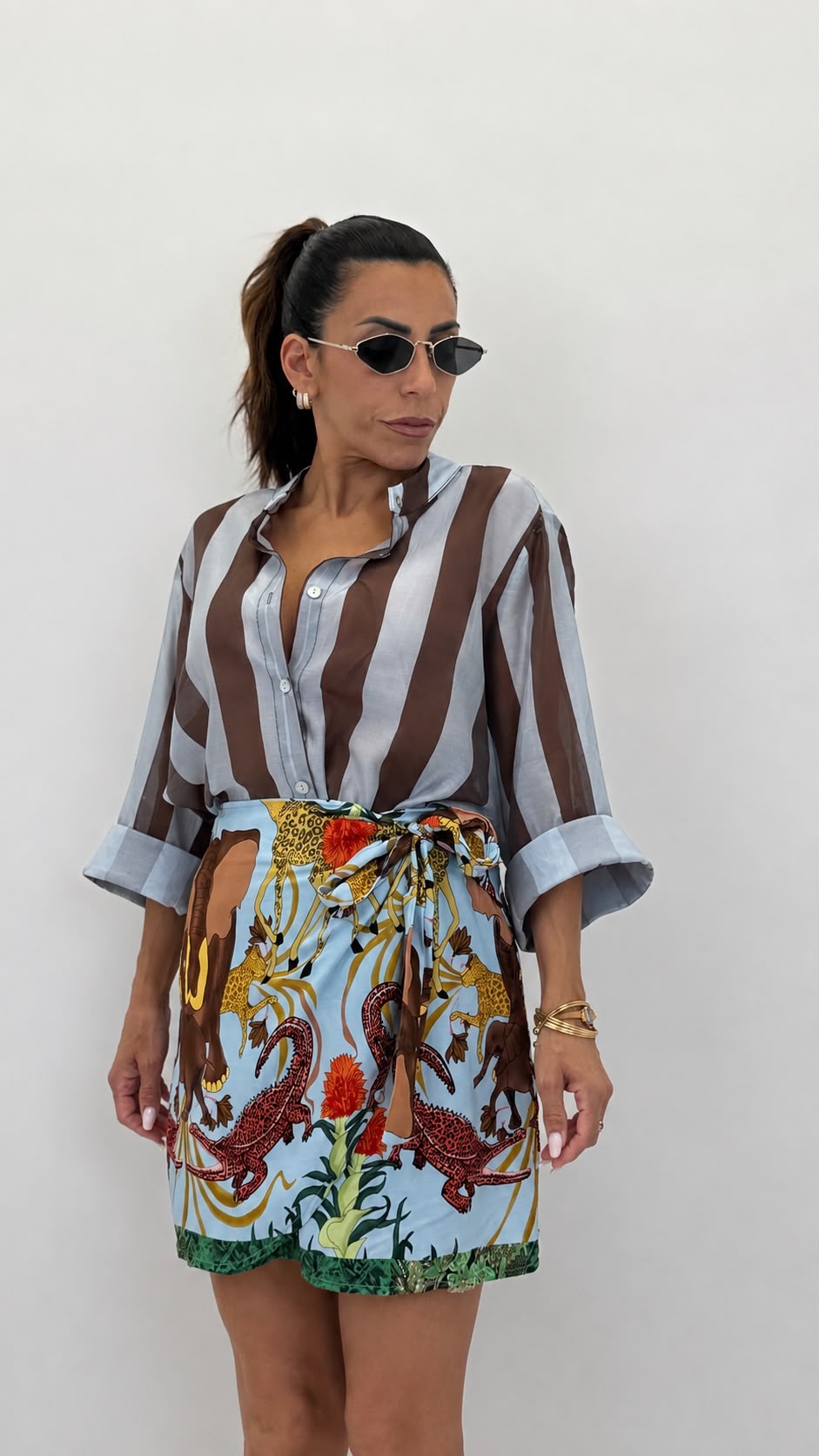 Camicia coreana celeste/marrone chiaro