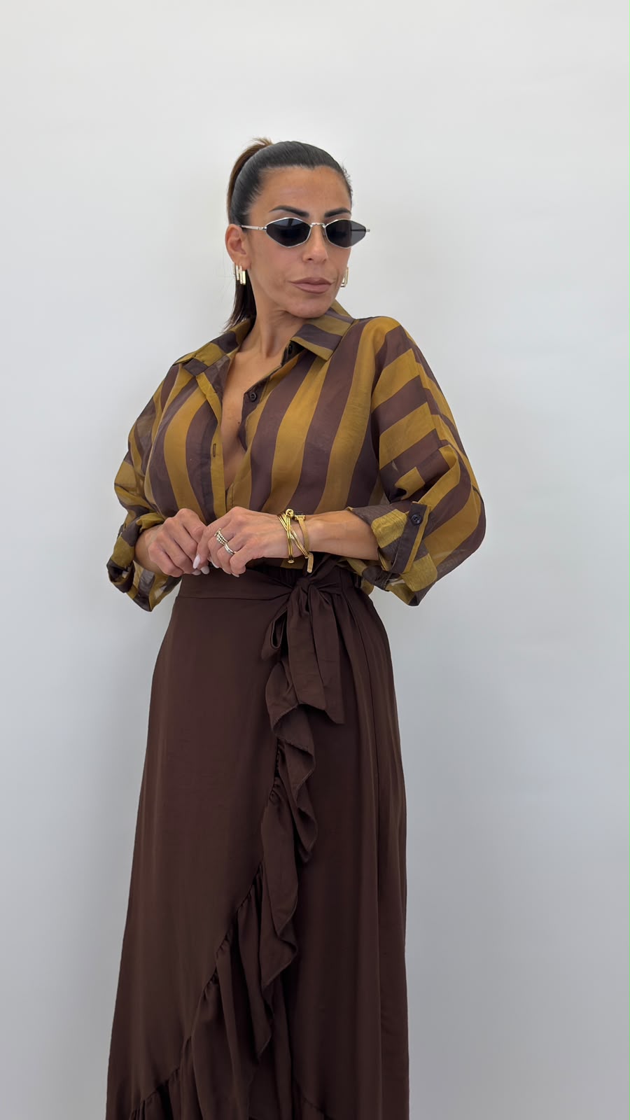 Camicia colletto con bottone verde/marrone