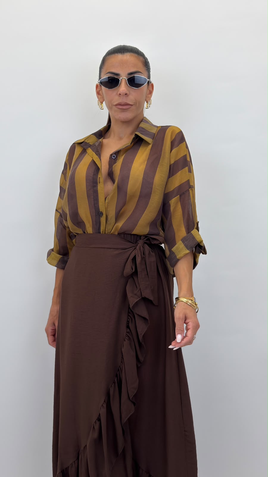 Camicia colletto con bottone verde/marrone