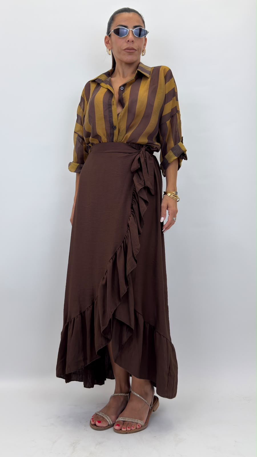 Camicia colletto con bottone verde/marrone