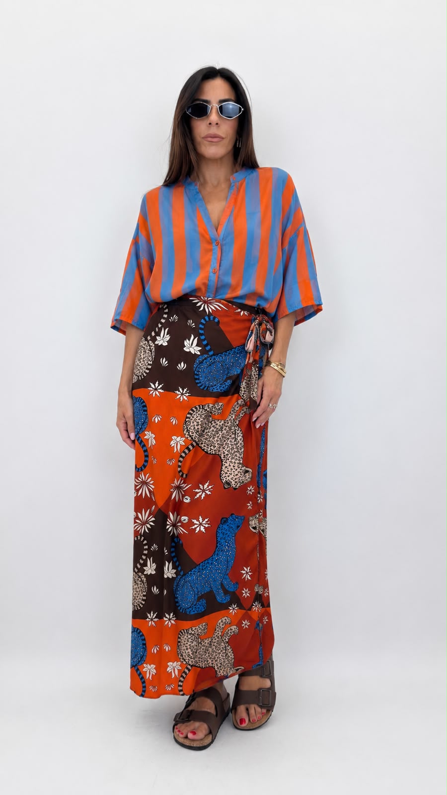 Camicia coreana arancione/celeste